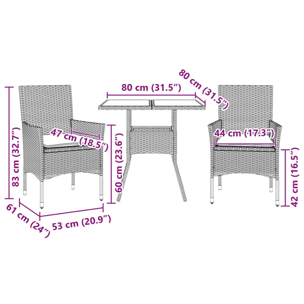 Set Pranzo da Giardino 3 pz con Cuscini Nero Polyrattan Acacia