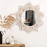 Specchio da parete boho stile a macramé grande con design ronde decorativo per bagno e camera da letto, manufatto artigianale da appendere in camera da letto, bagno o soggiorno, diametro 25 cm.