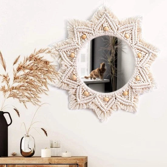 Specchio da parete boho stile a macramé grande con design ronde decorativo per bagno e camera da letto, manufatto artigianale da appendere in camera da letto, bagno o soggiorno, diametro 25 cm.