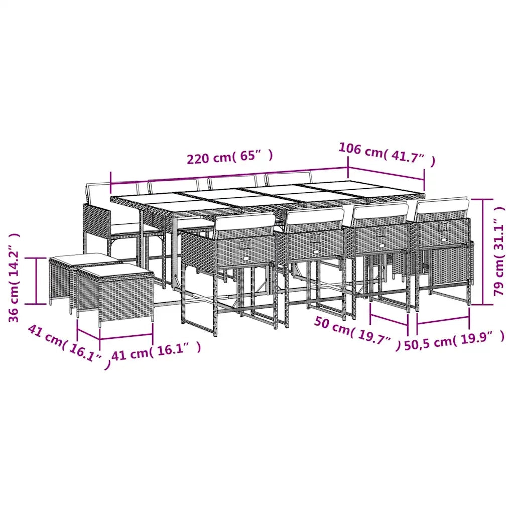 Set da Pranzo da Giardino 13pz con Cuscini Nero in Polyrattan 3211338