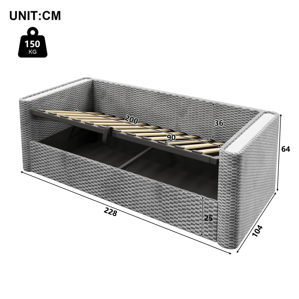LETTO DAYBED 90x200 cm Velluto Grigio con LED e contenitore idraulico