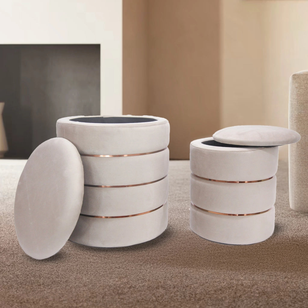 Set 2 Pouf Contenitori in Velluto – Pouf Arredo Moderni Impilabili, Poggiapiedi con Contenitore Salvaspazio, 4 Colori – Grande 37x41 cm, Medio 28x34 cm   Tortora
