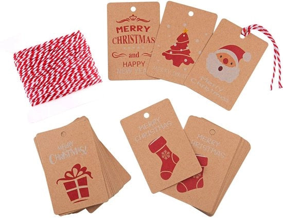 Etichette per regali 50 pezzi - Carta Kraft - 5 motivi natalizi - Corda per appendere - Etichette per confezioni - Ideali per progetti di fai da te - Carte regalo
