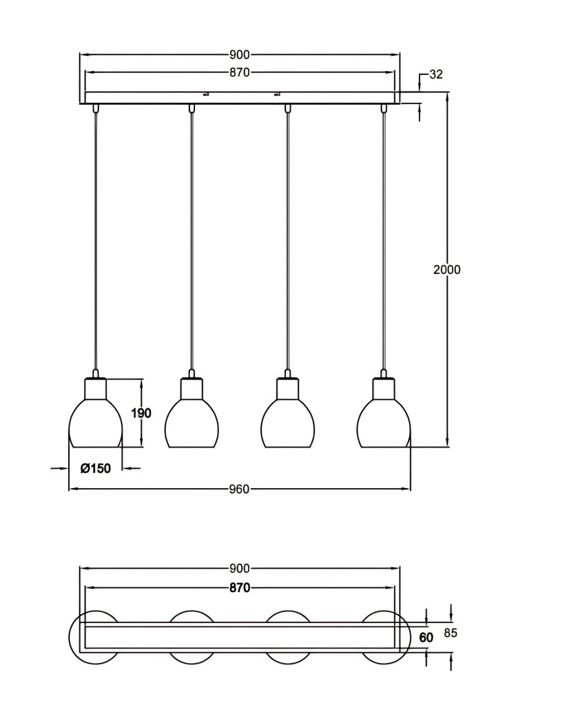 Marina Lampada a Sospensione Moderna in Metallo e Ceramica Bianca 4 Luci E27, Struttura Elegante per Illuminazione Interna 960x85mm