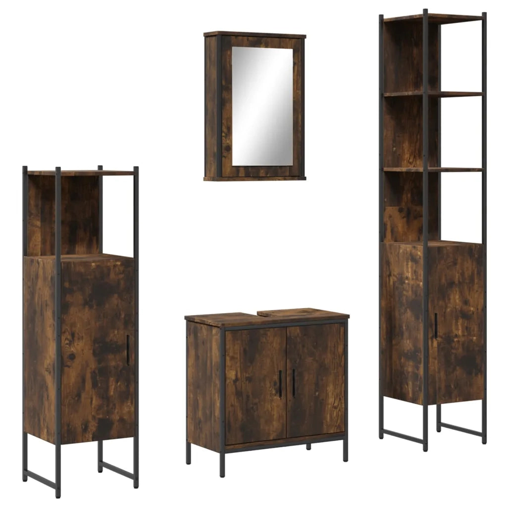 Set Mobili da Bagno | Armadio da bagno 4 pz Rovere Fumo in Legno Multistrato