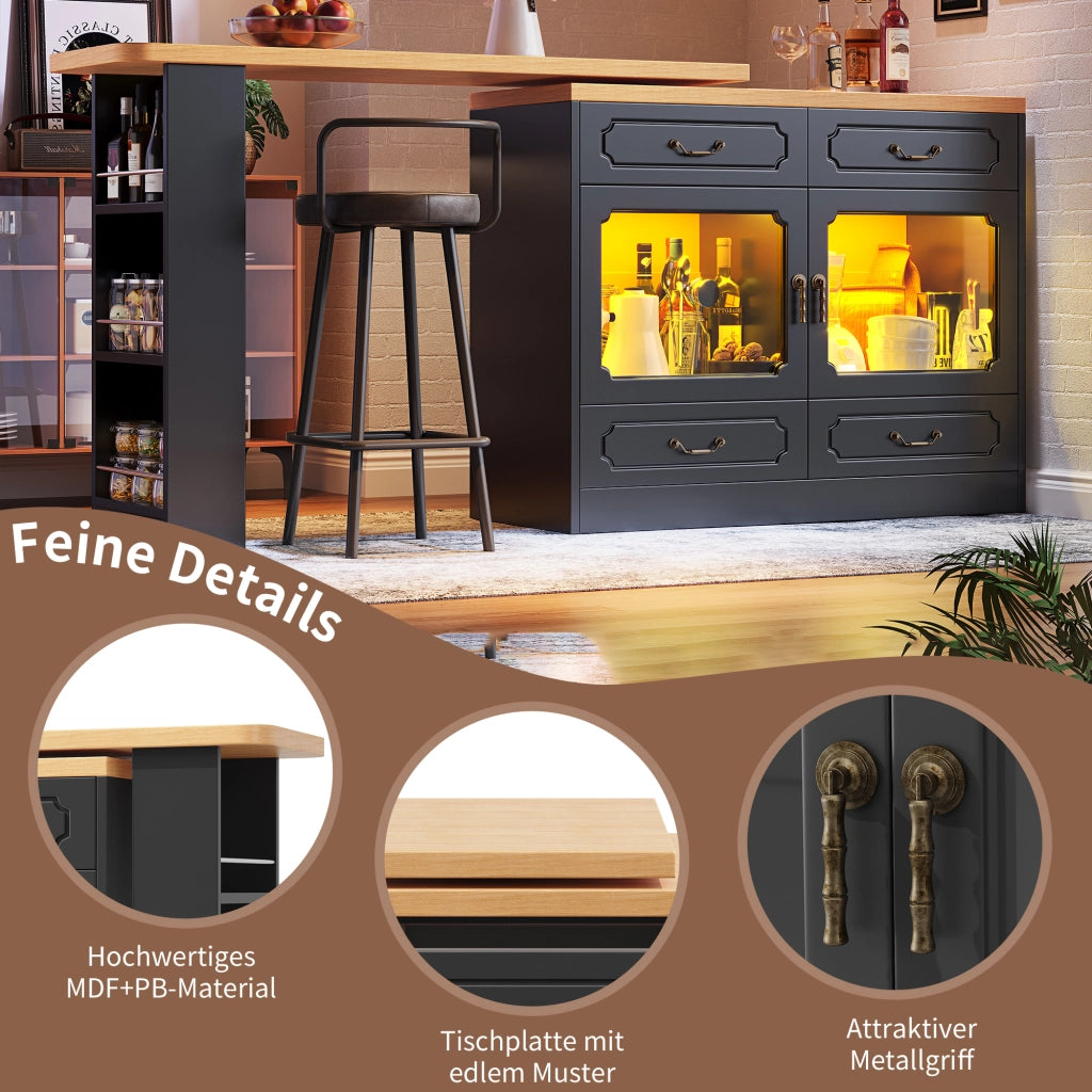TAVOLO BAR Girevole 360° 135-203x39x92,8 cm Nero con LED