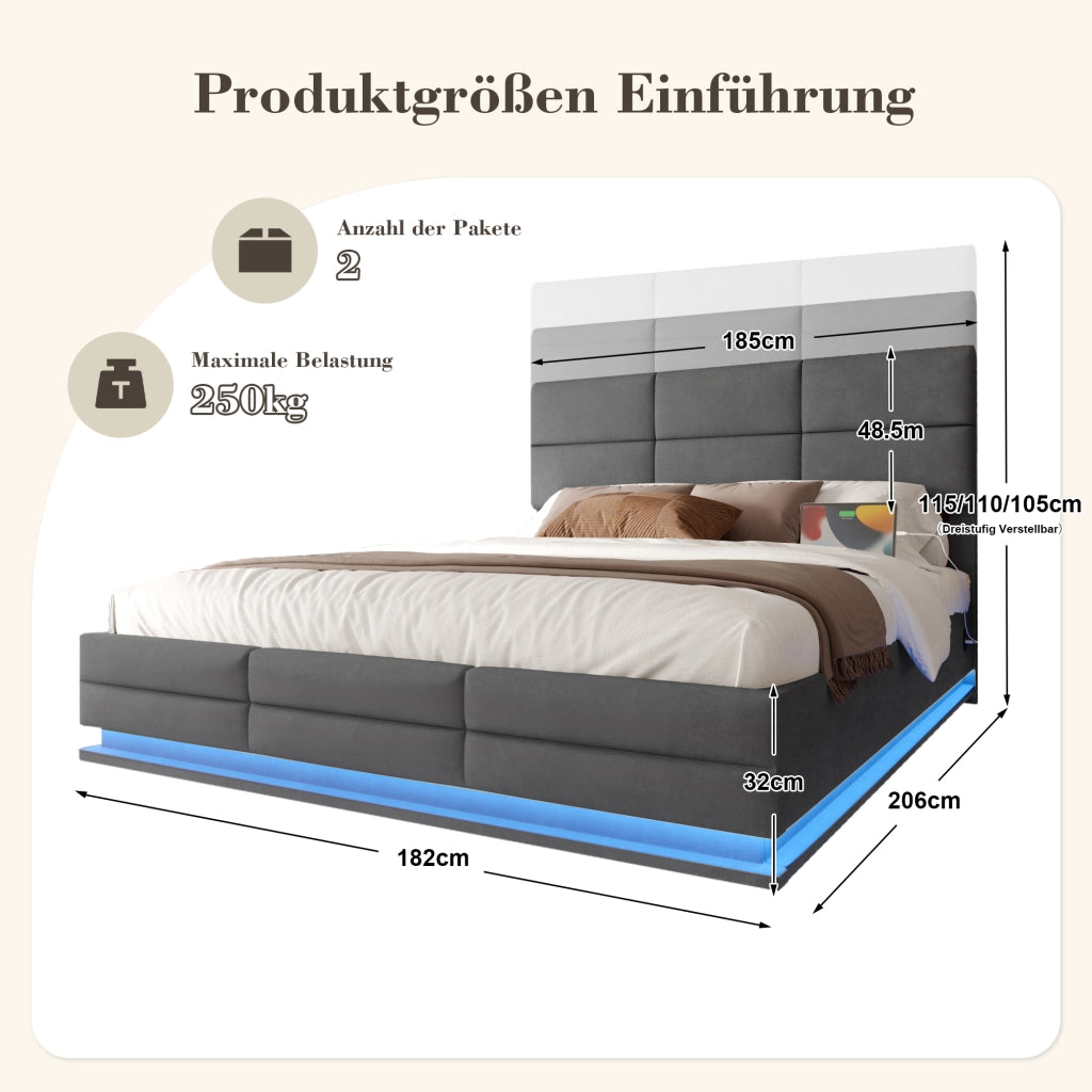 Letto Matrimoniale 180x200 cm con LED; USB; Type-C e contenitore; testiera regolabile