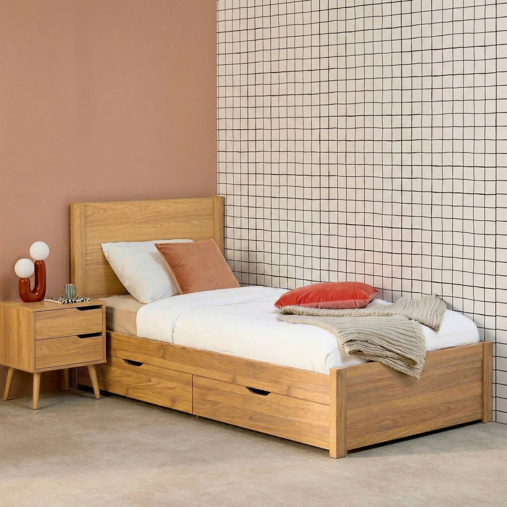 Letto con rete a doghe e testiera 90x190cm + 4 cassetti, marrone