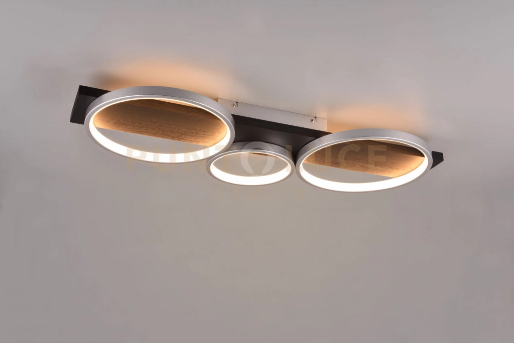 MEDERA PLAFONIERA 3 CERCHI METALLO ALLUMINIO BASE LEGNO NERO CON DIMMERAZIONE AD INTERRUTTORE L. 80CM LED 33W 3800lm, 3000K