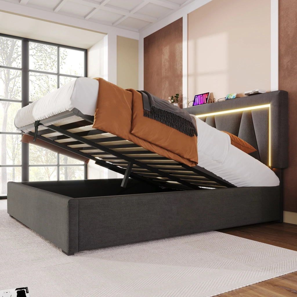 Letto Contenitore Imbottito LED ¨C MINIMAL ¨C 140x200, Tessuto, USB, Rete a Doghe