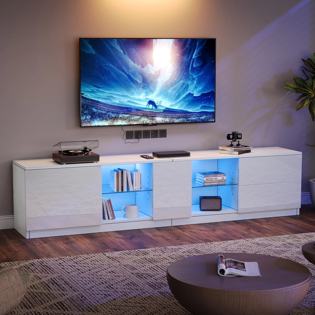 Mobile porta TV con LED in MDF bianco con 2 cassetti e 1 anta, frontale lucido, 160 × 40 × 52 cm