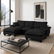 Divano modulare a U con ottomane mobili e cuscini, rivestimento in chenille nero 263 × 151 × 90 cm