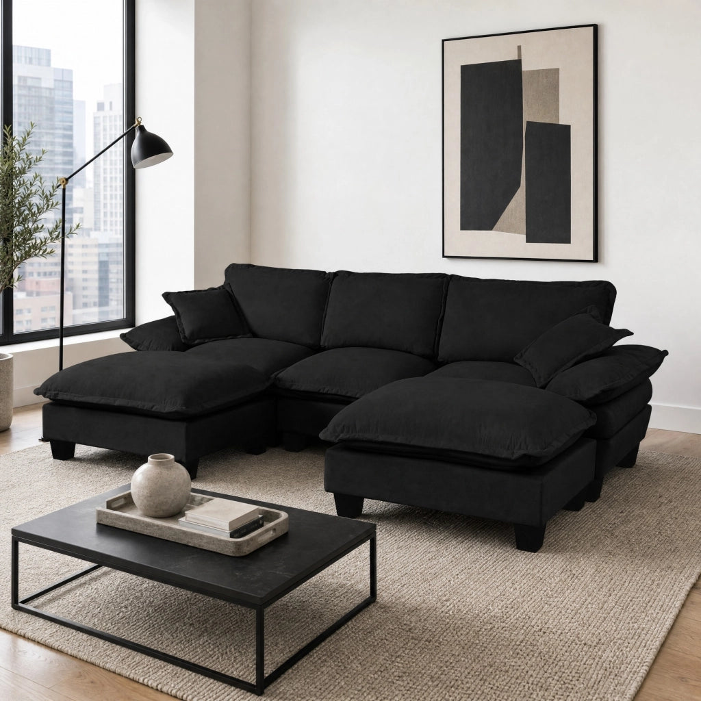 Divano modulare a U con ottomane mobili e cuscini, rivestimento in chenille nero 263 × 151 × 90 cm