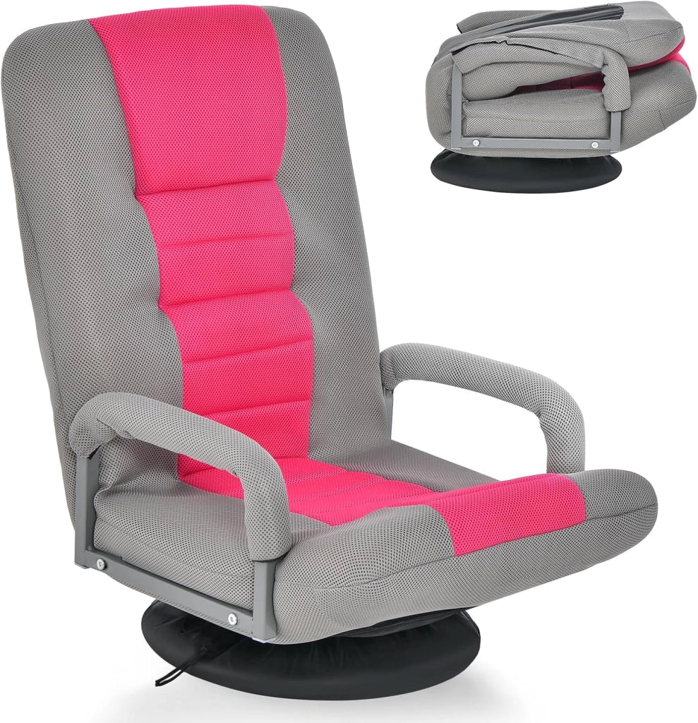 Sedia da Pavimento Pieghevole, Poltrona Sedia da Yoga per Meditazione, Portatile Inclinabile Girevole, da Salotto Camera da Letto (Rosa e grigio)