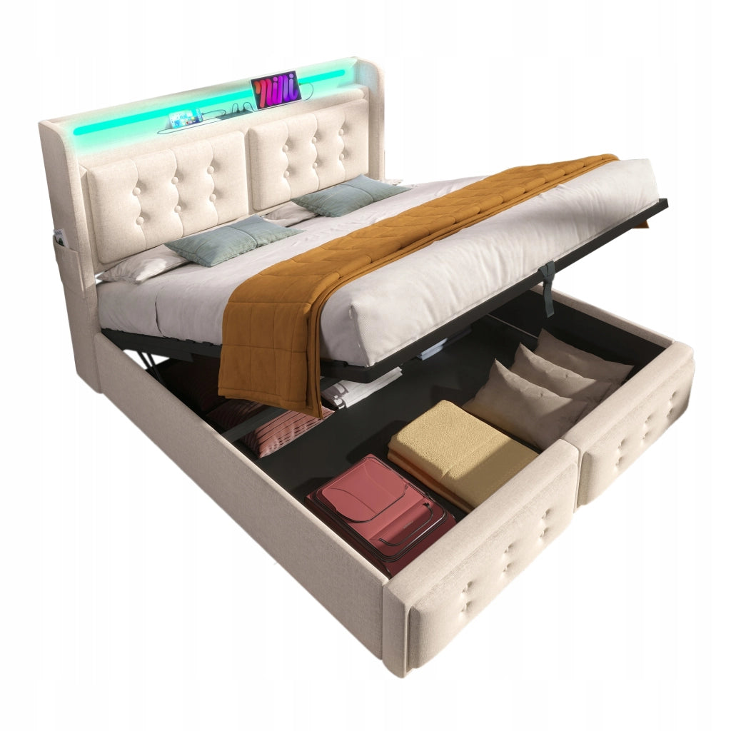 Letto imbottito 160x200 - Xylo - Beige con funzione di ricarica USB-C