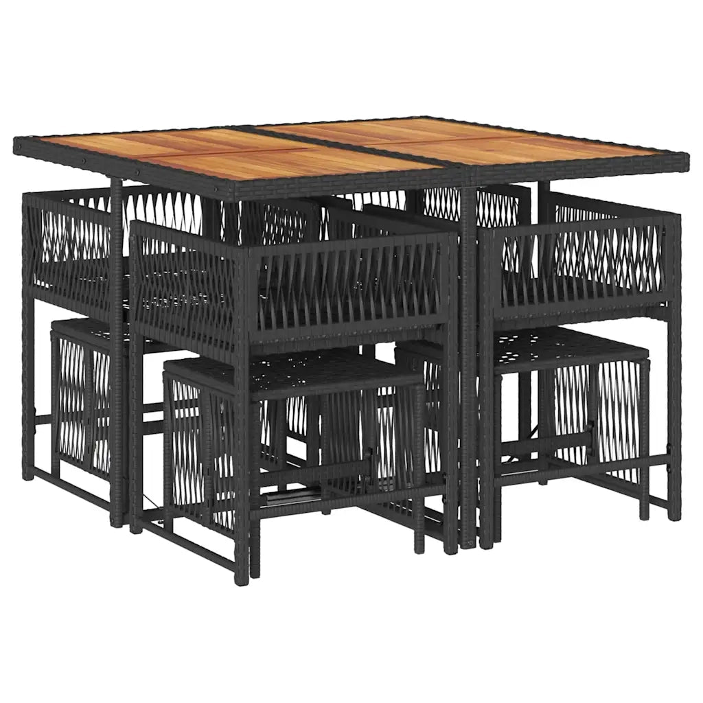 Set da Pranzo da Giardino 9 pz con Cuscini Nero in Polyrattan