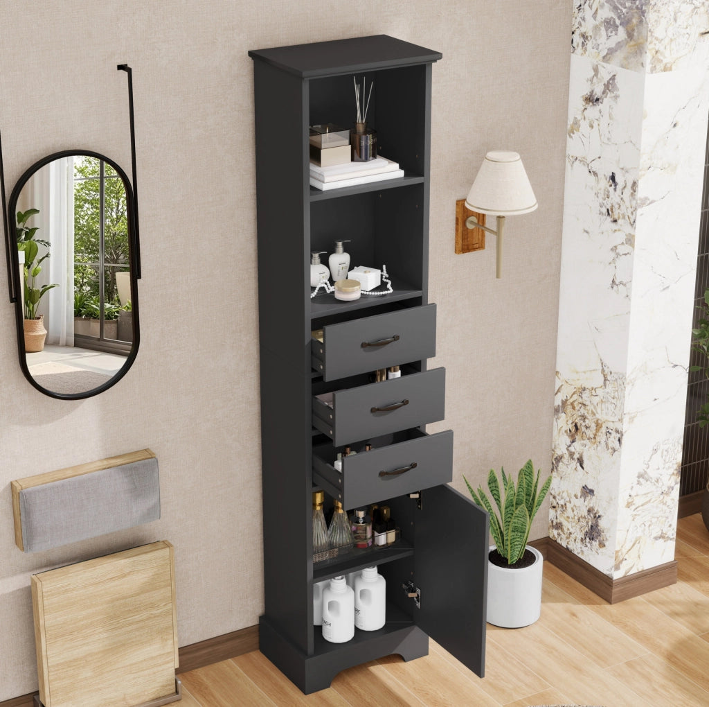 Mobile bagno 38x26x172.5 cm con cassetti e ripiani regolabili in MDF nero