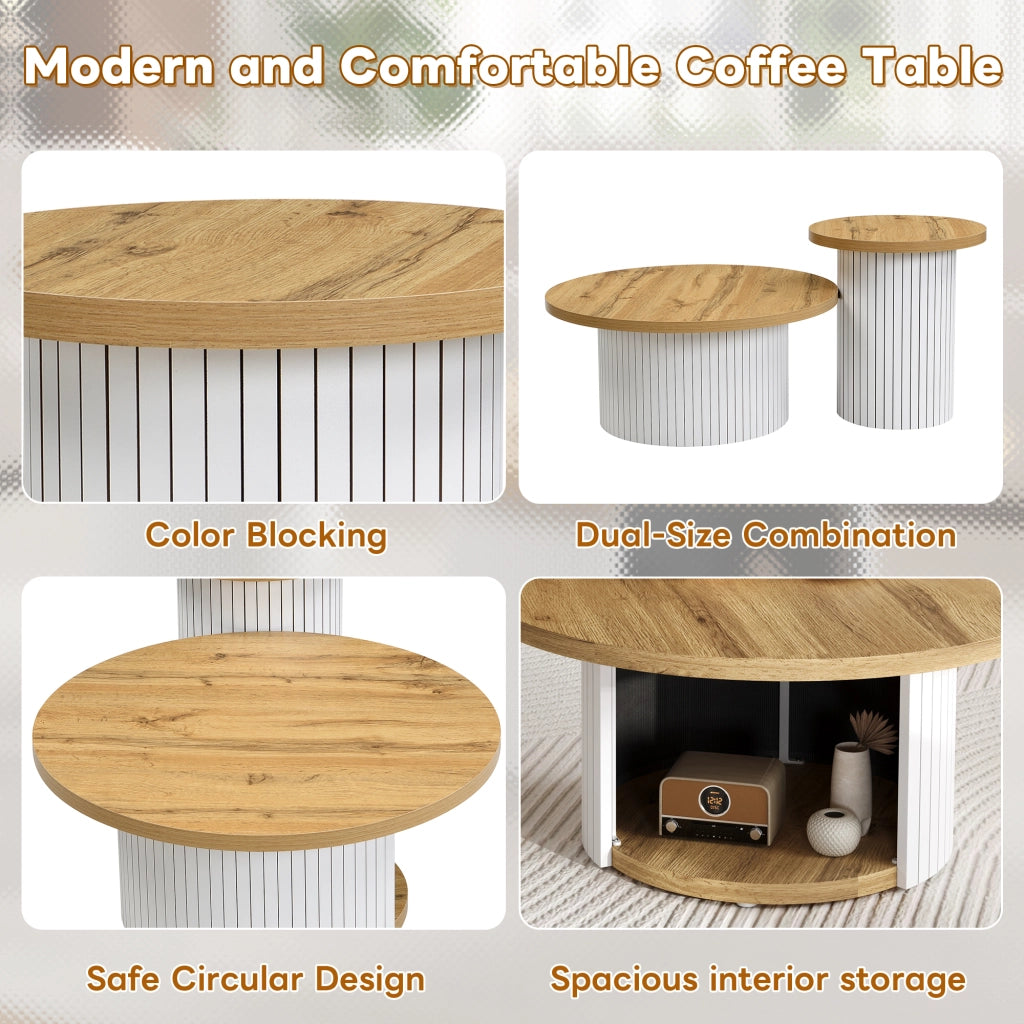 OKWISH Tavolini da Salotto Impilabili Rotondi Stile Nordico con Tavolo Principale e Tavolino Laterale, MDF, Naturale