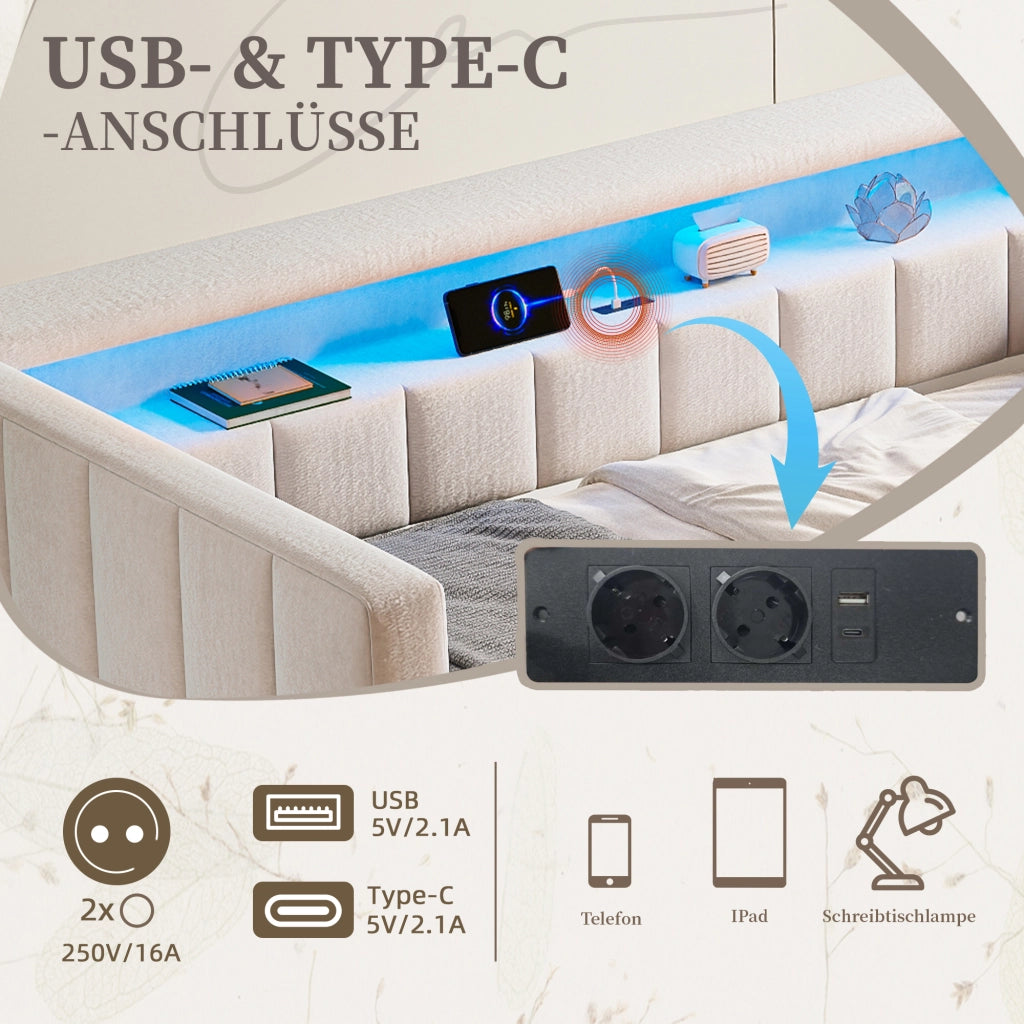 LETTO Estraibile 90x190 cm in velluto Beige con LED e USB-Type-C