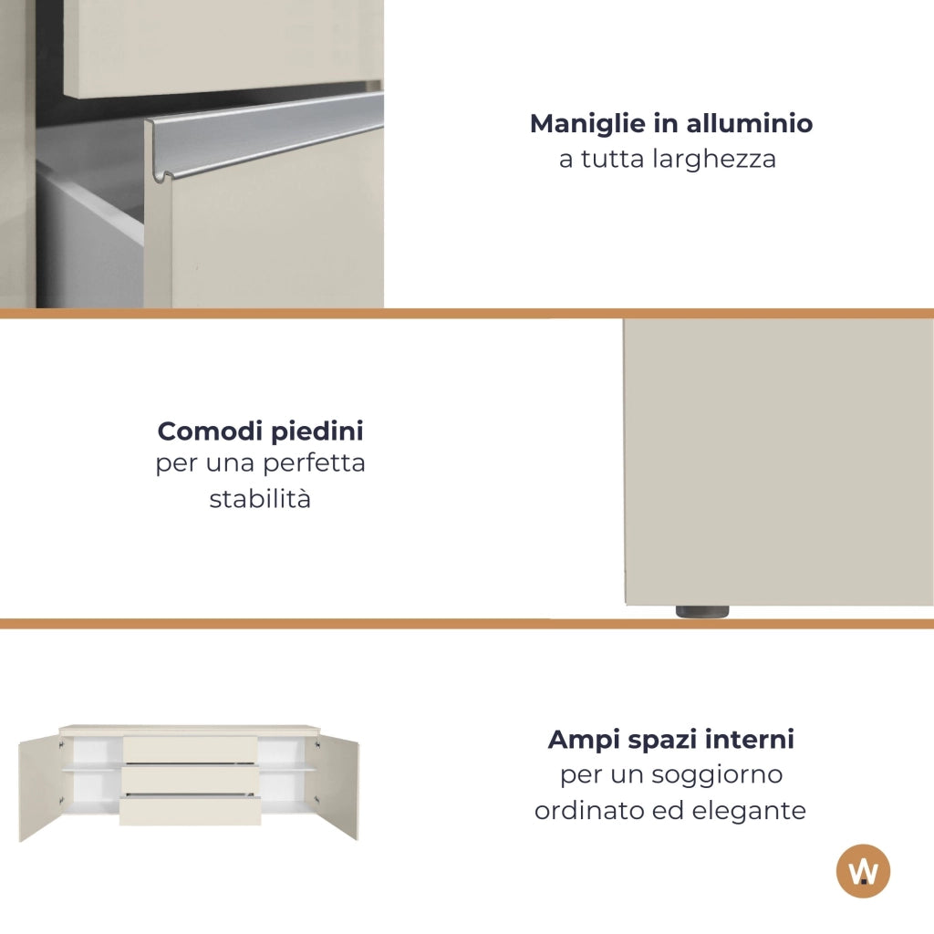 WHOUS Credenza Magic 2 ante e 3 cassetti centrali cashmere 240x40x80 cm