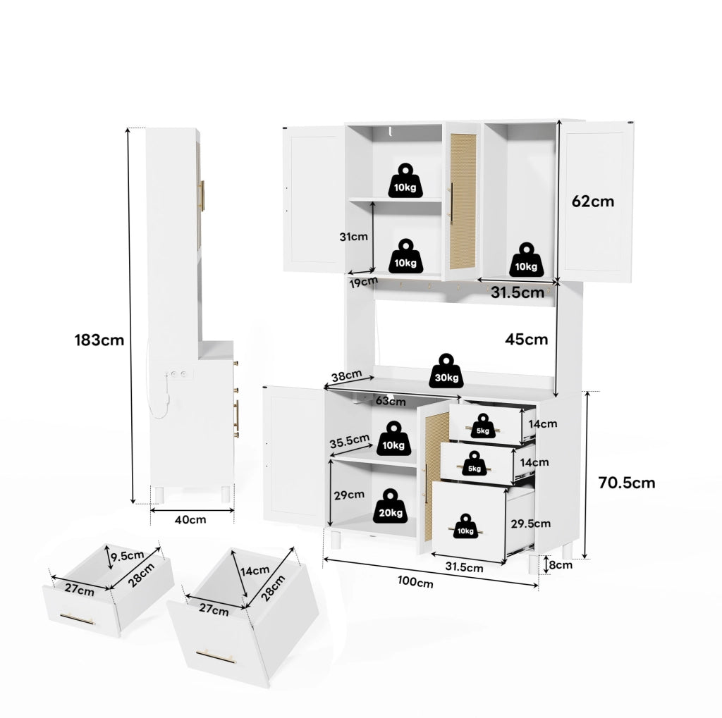 Credenza da cucina con LED controllabili da app; prese USB e 2 prese elettriche; 100x40x183 cm; MDF bianco