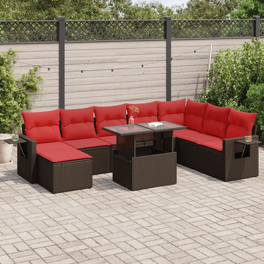 Set Divani da Giardino 9 pz con Cuscini Marrone Polyrattan Acacia 3327884