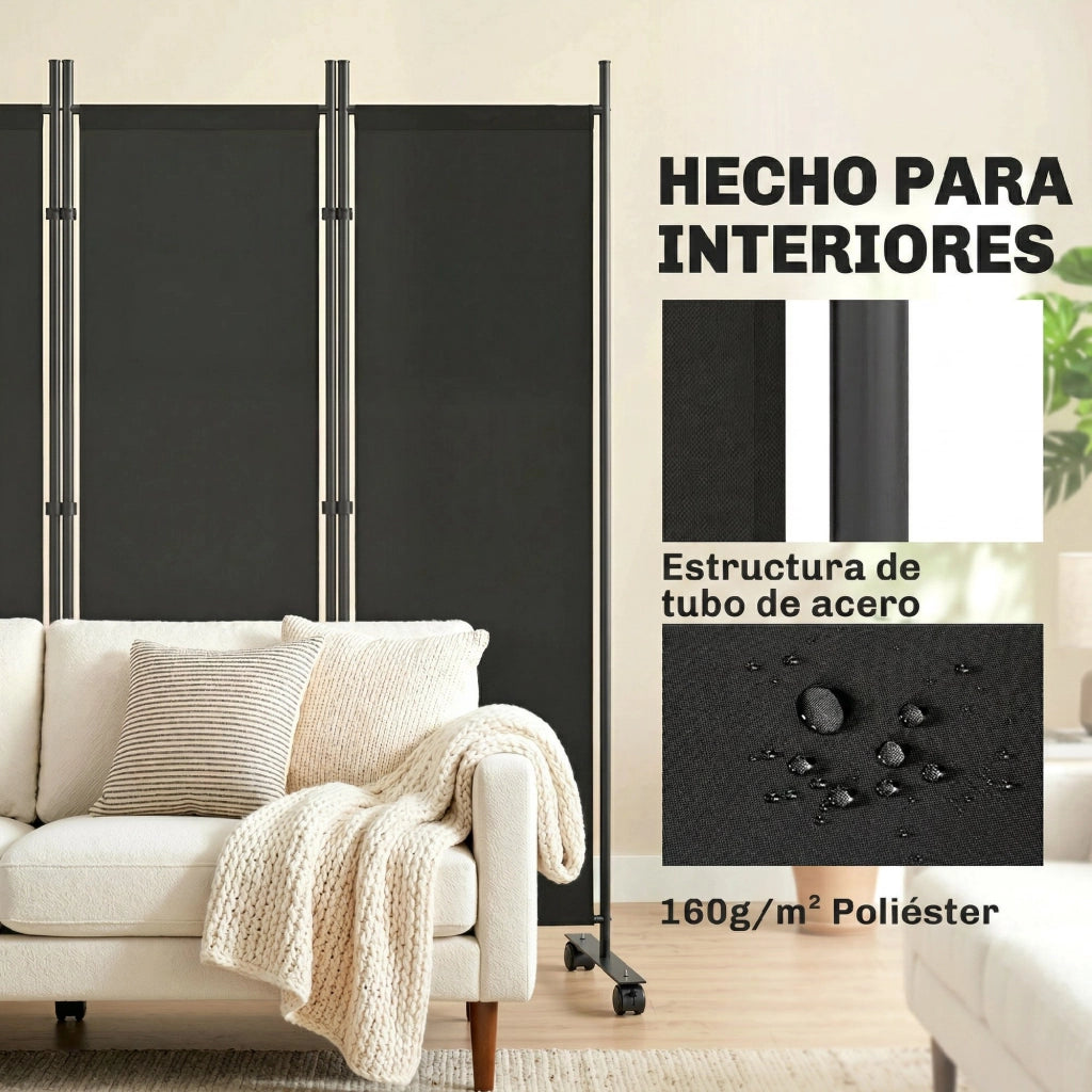 Paravento Divisorio 5 Pannelli con 12 Ruote ¨C Xylo ¨C Nero 252x170 cm