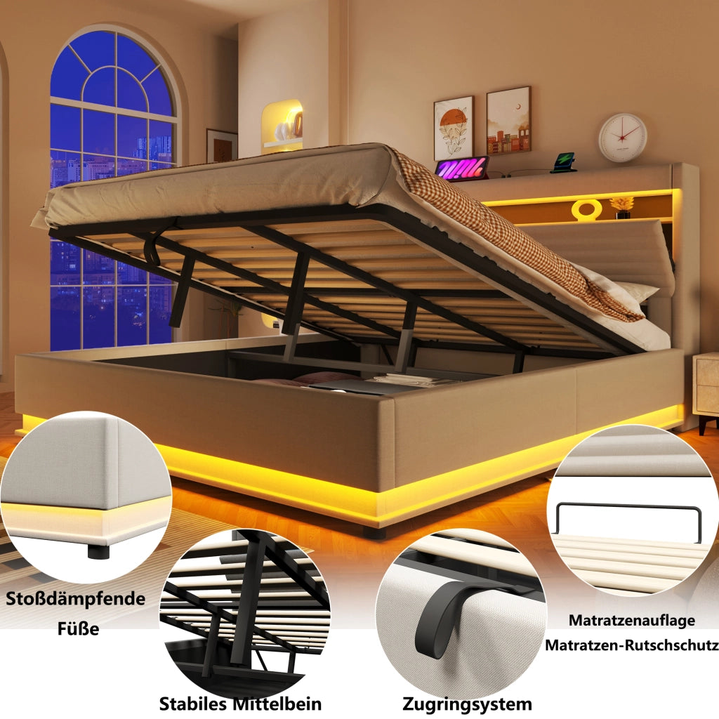 LETTO imbottito 180x200 cm in lino beige con LED, USB Type-C e vano contenitore