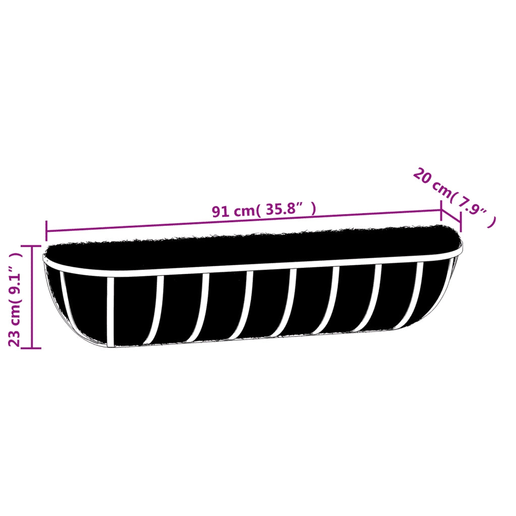 Set di 2 robuste fioriere da parete in acciaio 91 x 20 x 23 cm per balcone decorazione da giardino in fibra di cocco nera 02_0046614