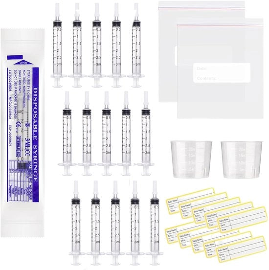 Spennelli per iniezioni 30 pezzi 3 ml - Spremitore di colostro senza ago - Misurino 20 ml - Biberon - Sacchetti chiusi - Materiale BPA libero - Spennello per iniezioni