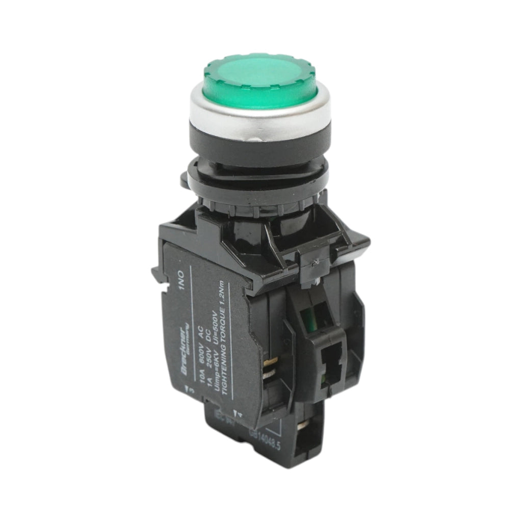 Pulsante di comando convesso illuminato 220V AC LED verde con ritorno 1NO+1NC, 10A/600V AC, 1A/250V DC LA42 Breckner Germany
