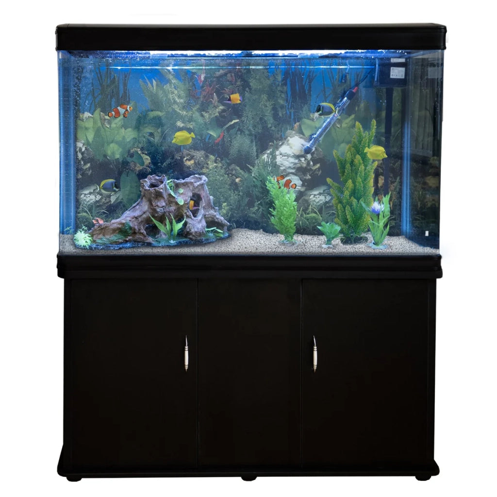 Acquario 300 Litri con Armadietto Nero e Kit con Fondale, Piante e Ghiaia Bianca