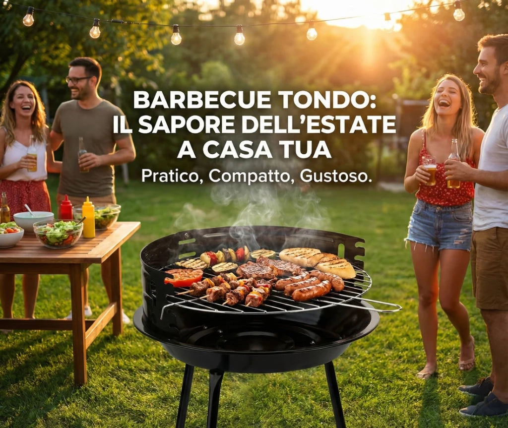Barbecue a Carbone Portatile Ø 36cm con Griglia Regolabile e Paravento
