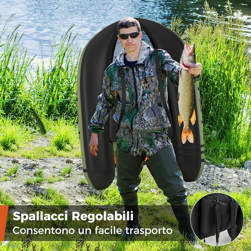 Belly Boat da Pesca Portatile, Gommone Gonfiabile da Pesca con Porta Canne Regolabile, Pompa, Pagaia in Alluminio, Spallacci e Kit di Riparazione, Barca da Mare con 2 Pinne, capacità 160kg