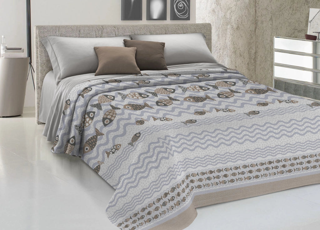 Copriletto Piquet Primavera Estate 100% Cotone Disegno Pesciolini - Piazza e Mezza - Beige