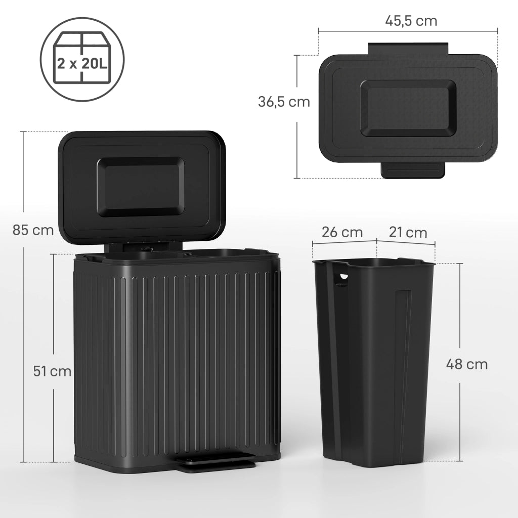 Cestino Doppio Compartimento 2x20L con Pedale ¨C Minimal ¨C 45.5x36.5x51cm Nero