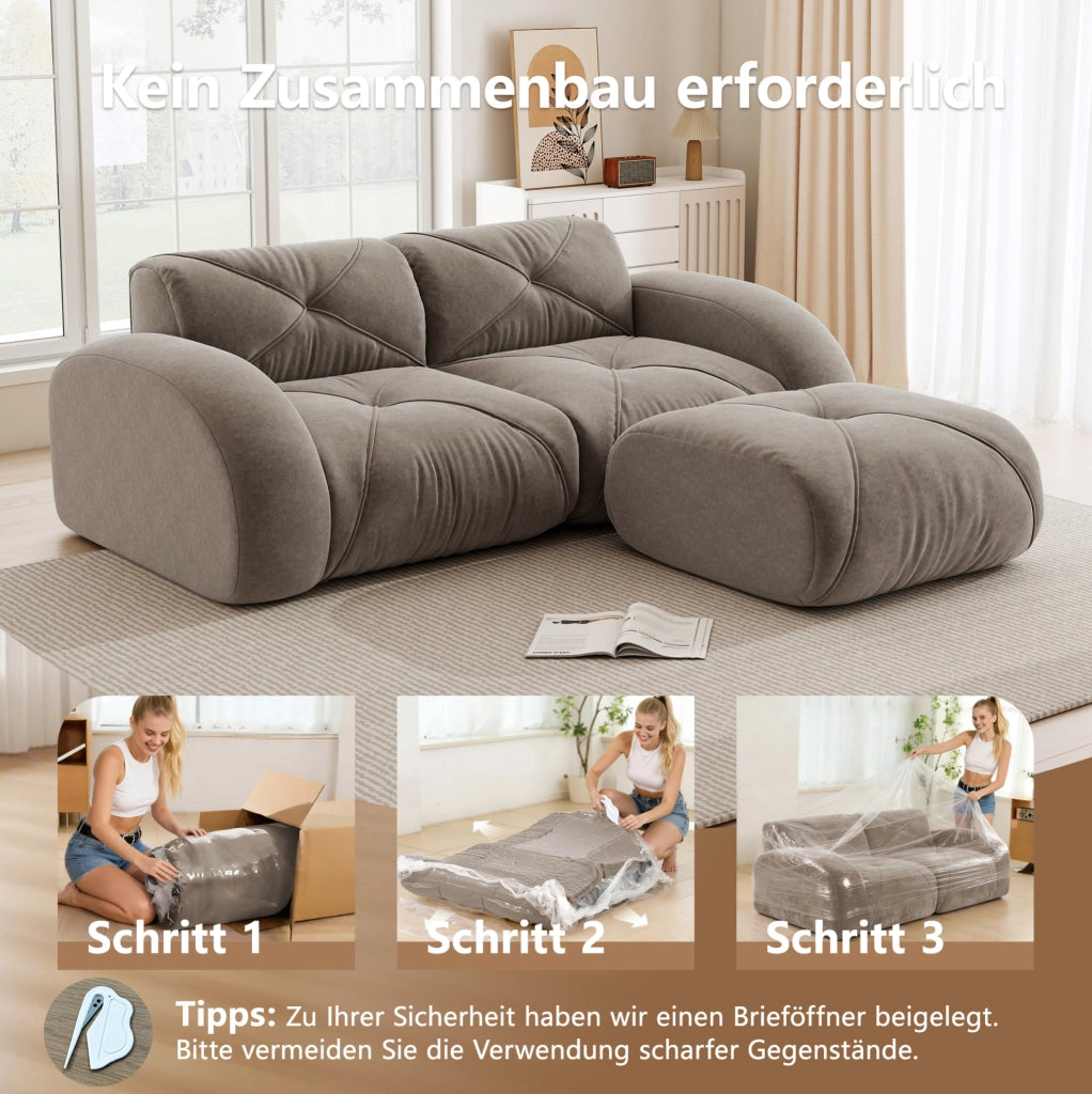 Divano modulare con pouf in chenille taupe; 204x171x76 cm