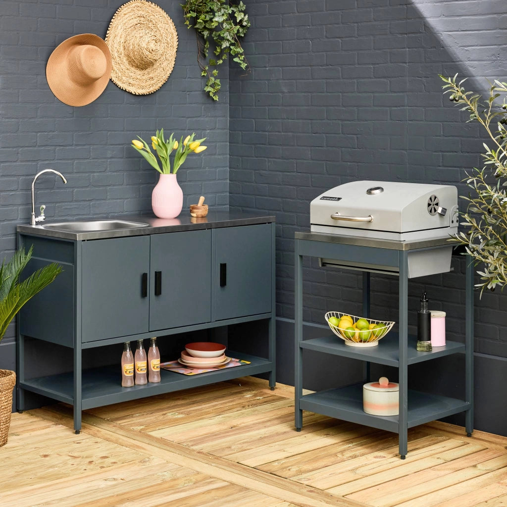 Cucina esterna, 2 moduli e barbecue a carbone con lavandino, blu