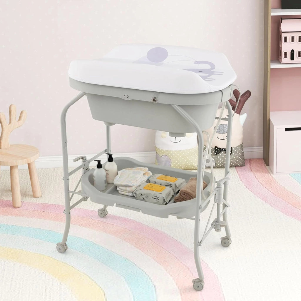 Fasciatoio con Vaschetta Bagnetto 2 in 1, Vasca da Bagno Pieghevole per Bambini, Fasciatoio con Materassino, Cestino Portaoggetti, Ruote con Freno, Portata 35kg+15kg (Grigio Chiaro)