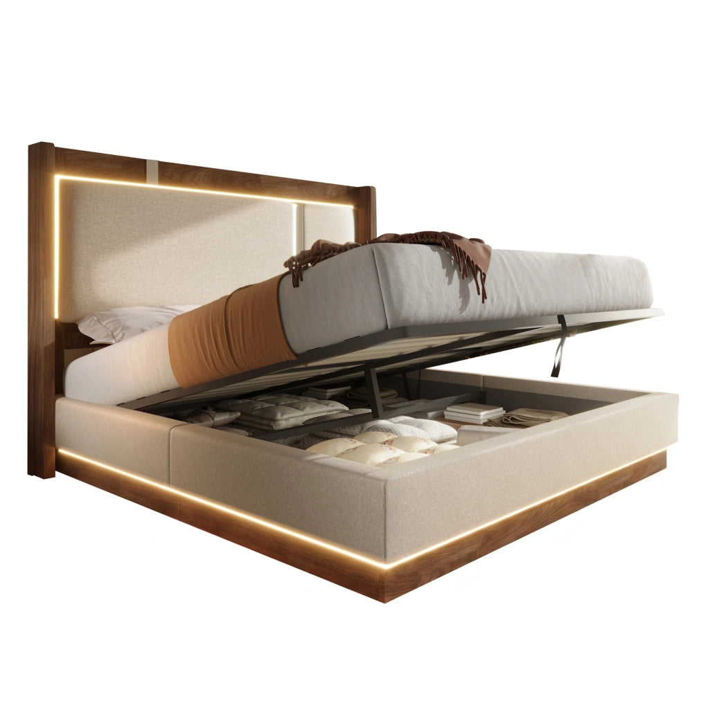 Letto imbottito 140x200 con LED integrato e vano contenitore