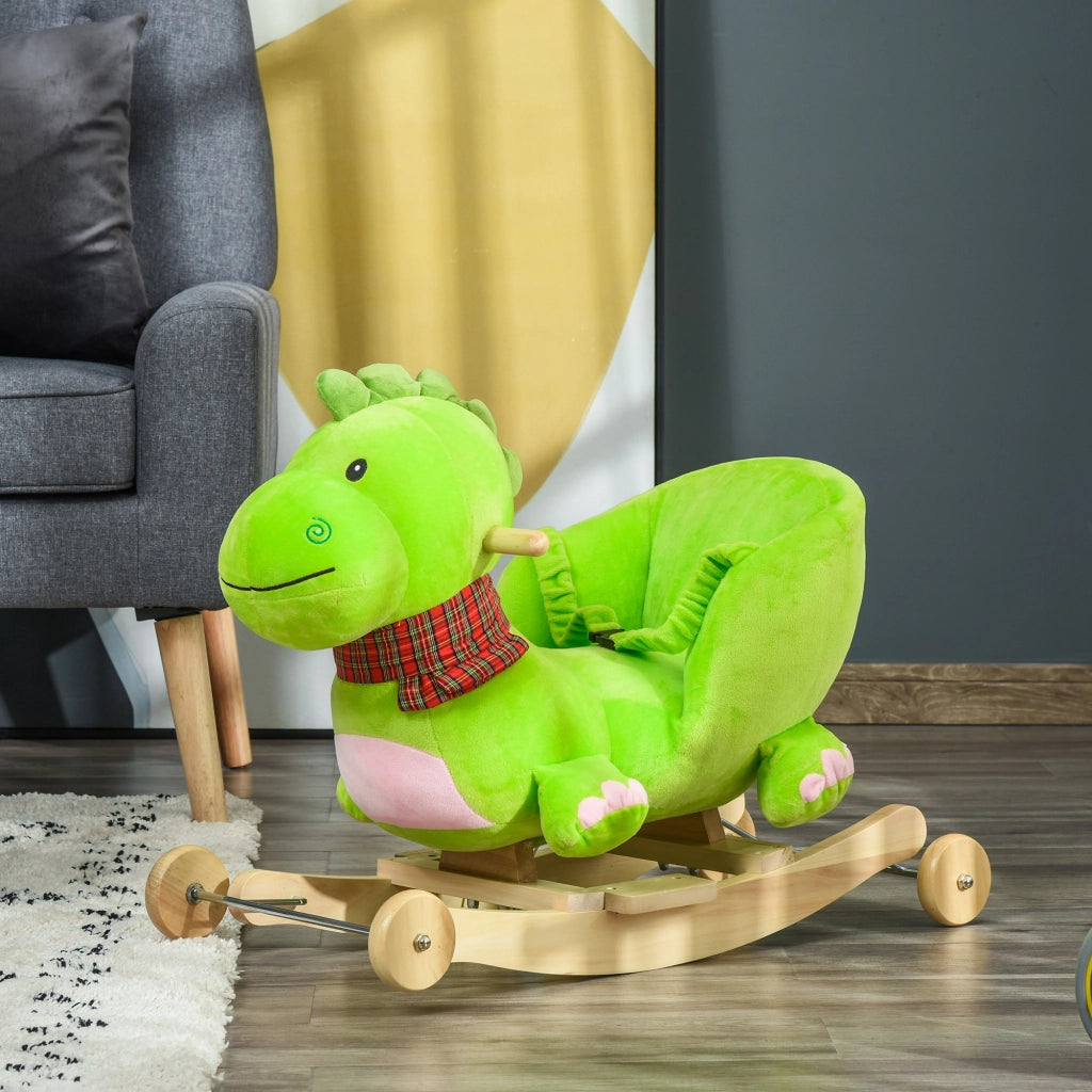 Cavallo a Dondolo con Ruote a Forma di Drago ¨C Minimal ¨C Legno e Peluche Verde