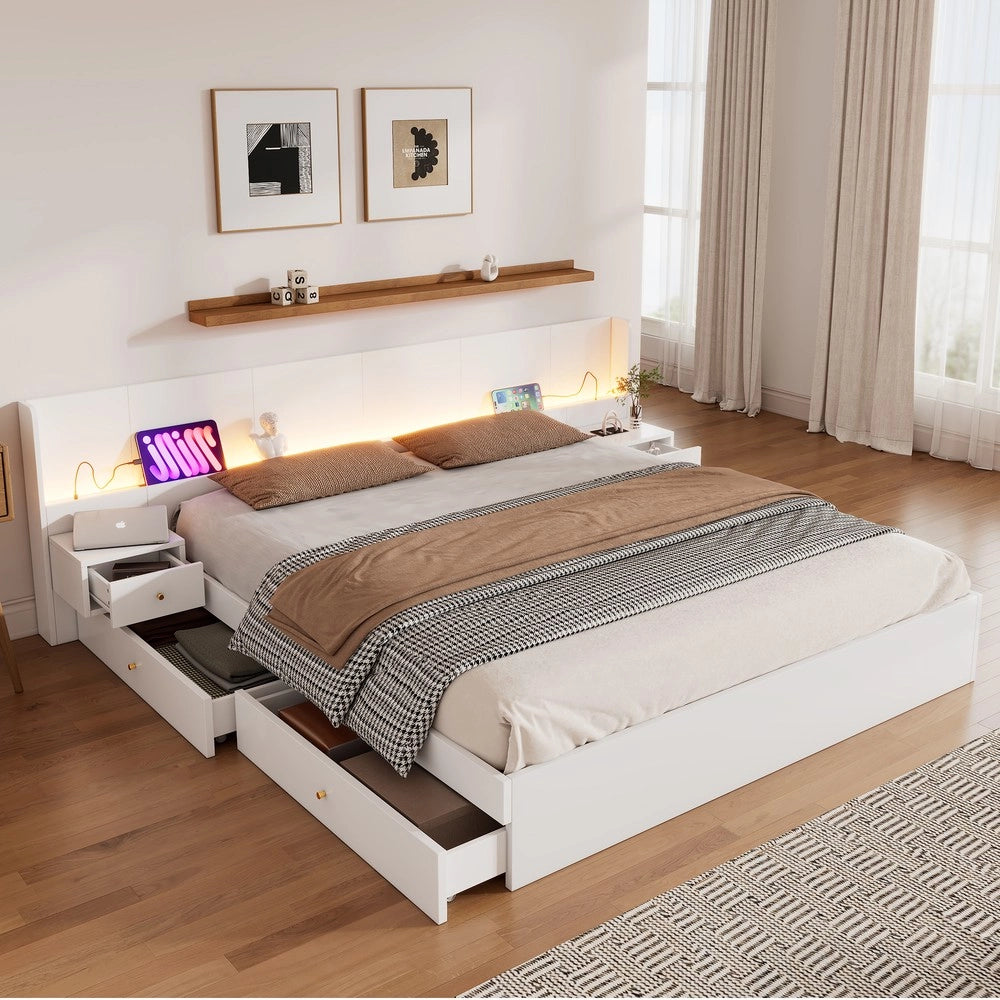 Letto Matrimoniale con LED, USB e 2 Comodini ¨C Xylo ¨C Bianco 180x200