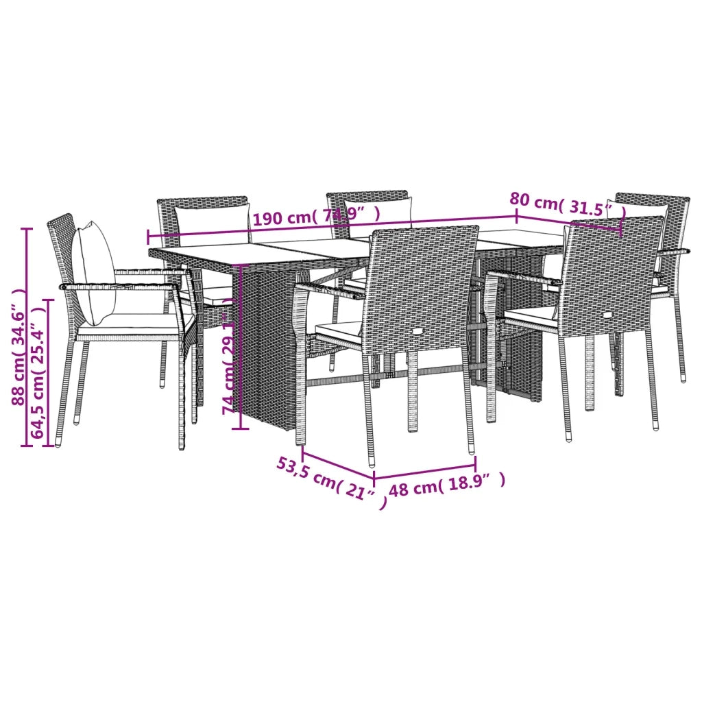 Set da Pranzo da Giardino 9 pz con Cuscini in Polyrattan Grigio