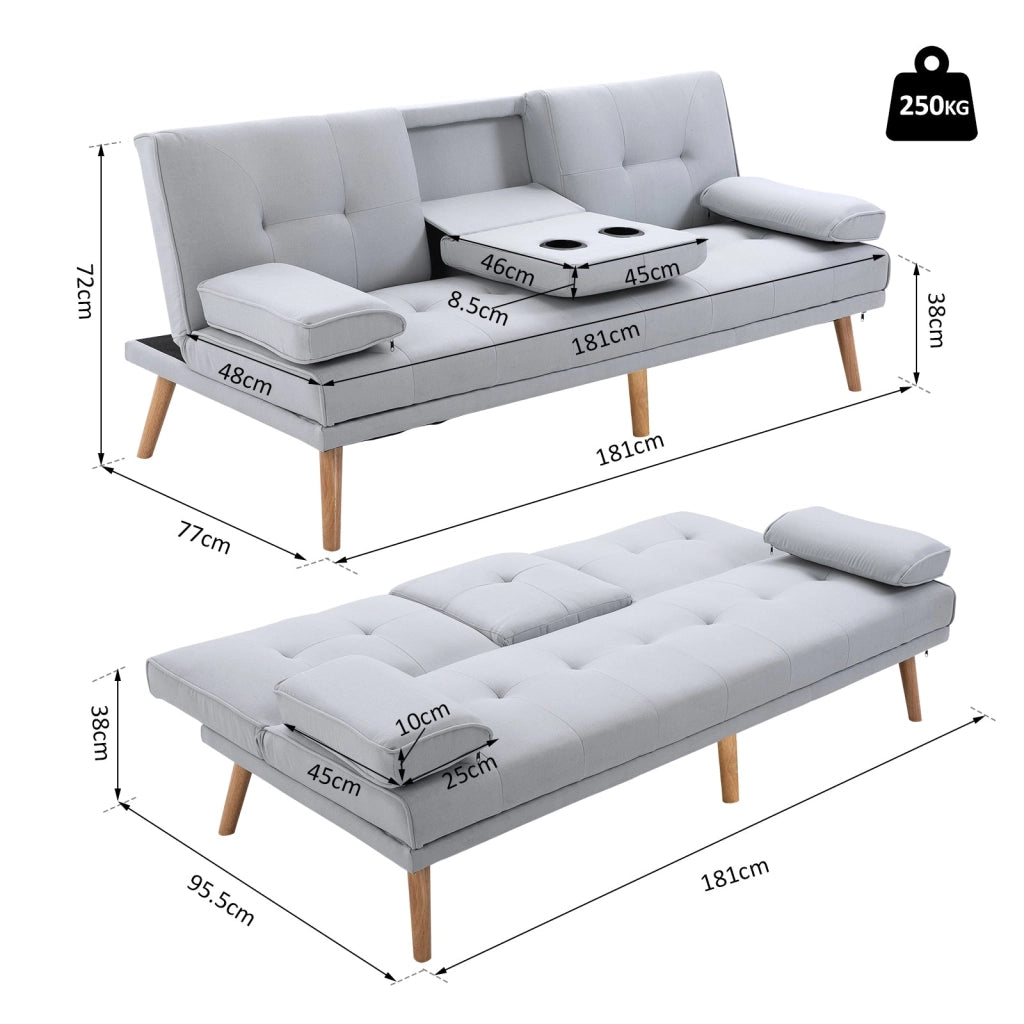 Divano Letto 3 Posti 181x77x72 cm in Tessuto  Grigio