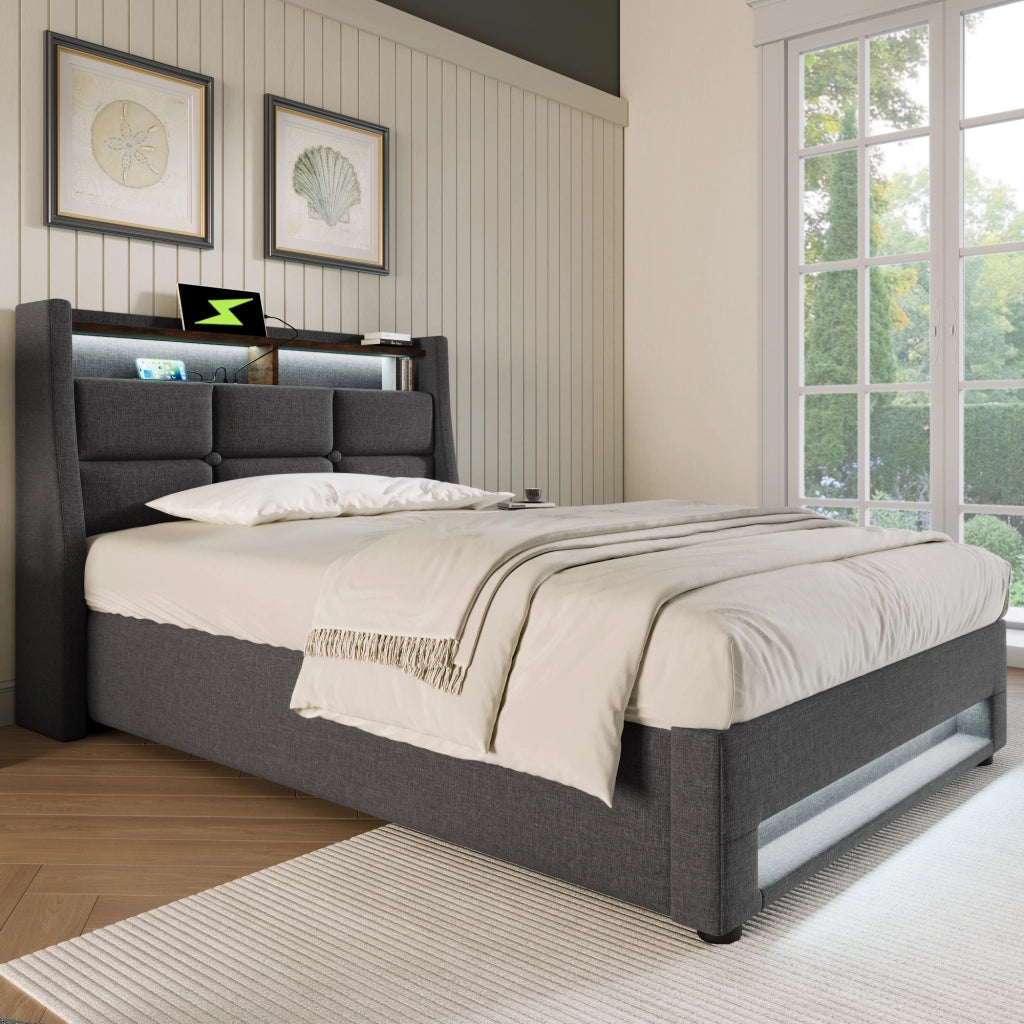 LETTO imbottito 90x200 cm grigio con LED, USB e struttura in lino