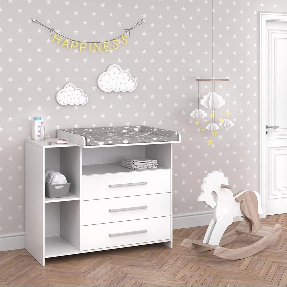 Fasciatoio Oskar, Bianco, 113 x 100 cm con 3 ampi cassetti, convertibile in cassettiera grazie al fasciatoio rimovibile