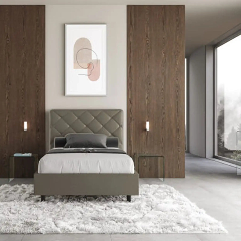 Letto singolo contenitore imbottito 100x210 similpelle cappuccino Priya