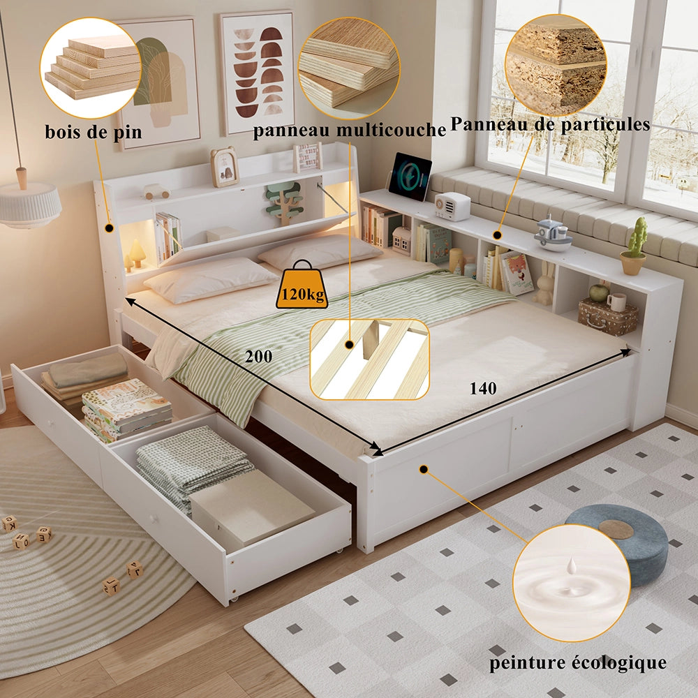 Letto matrimoniale - Xylo - 140x200 cm USB bianco