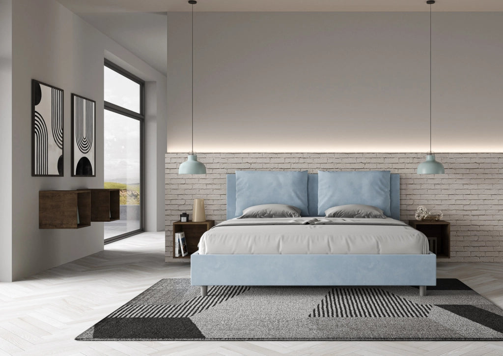 BS COM Letto matrimoniale king size contenitore imbottito 200x210 microfibra azzurro