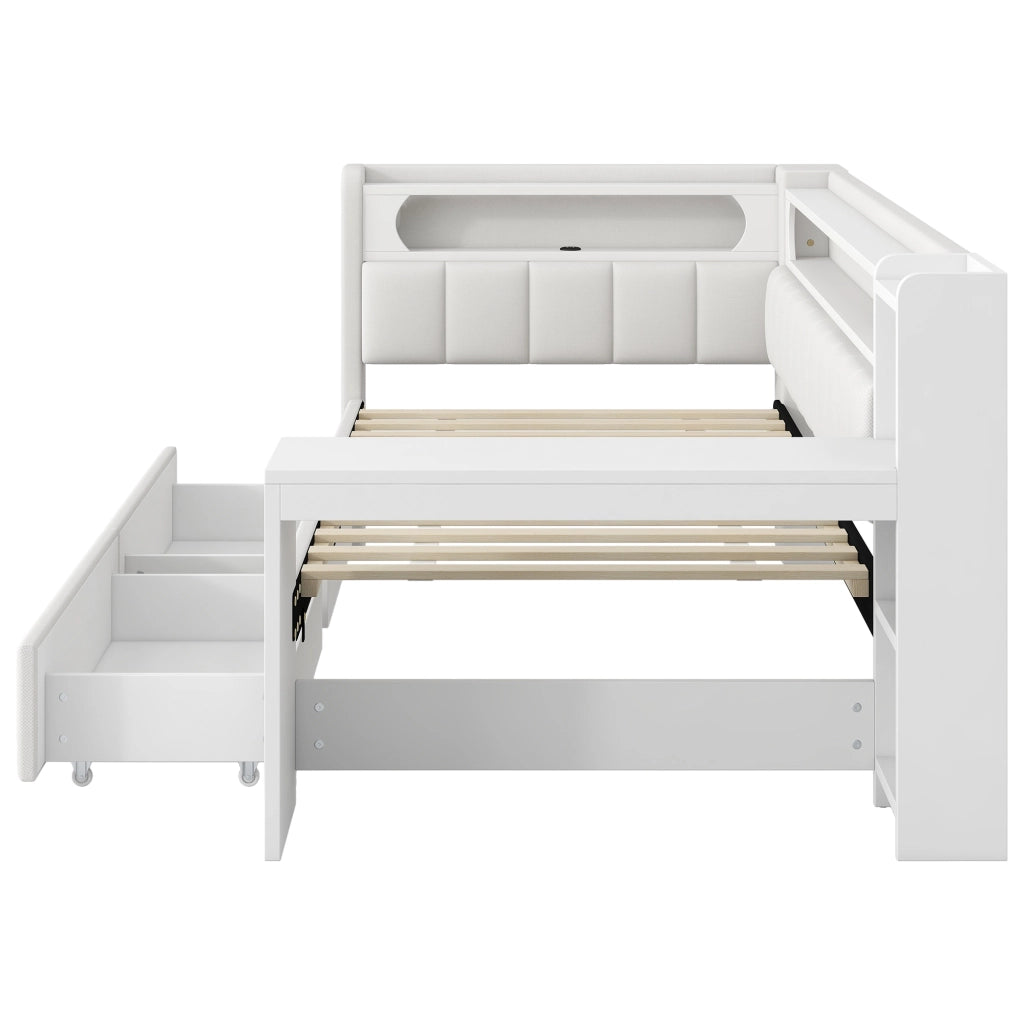 LETTO 90x200 cm bianco con LED, USB, scrivania e 2 cassetti